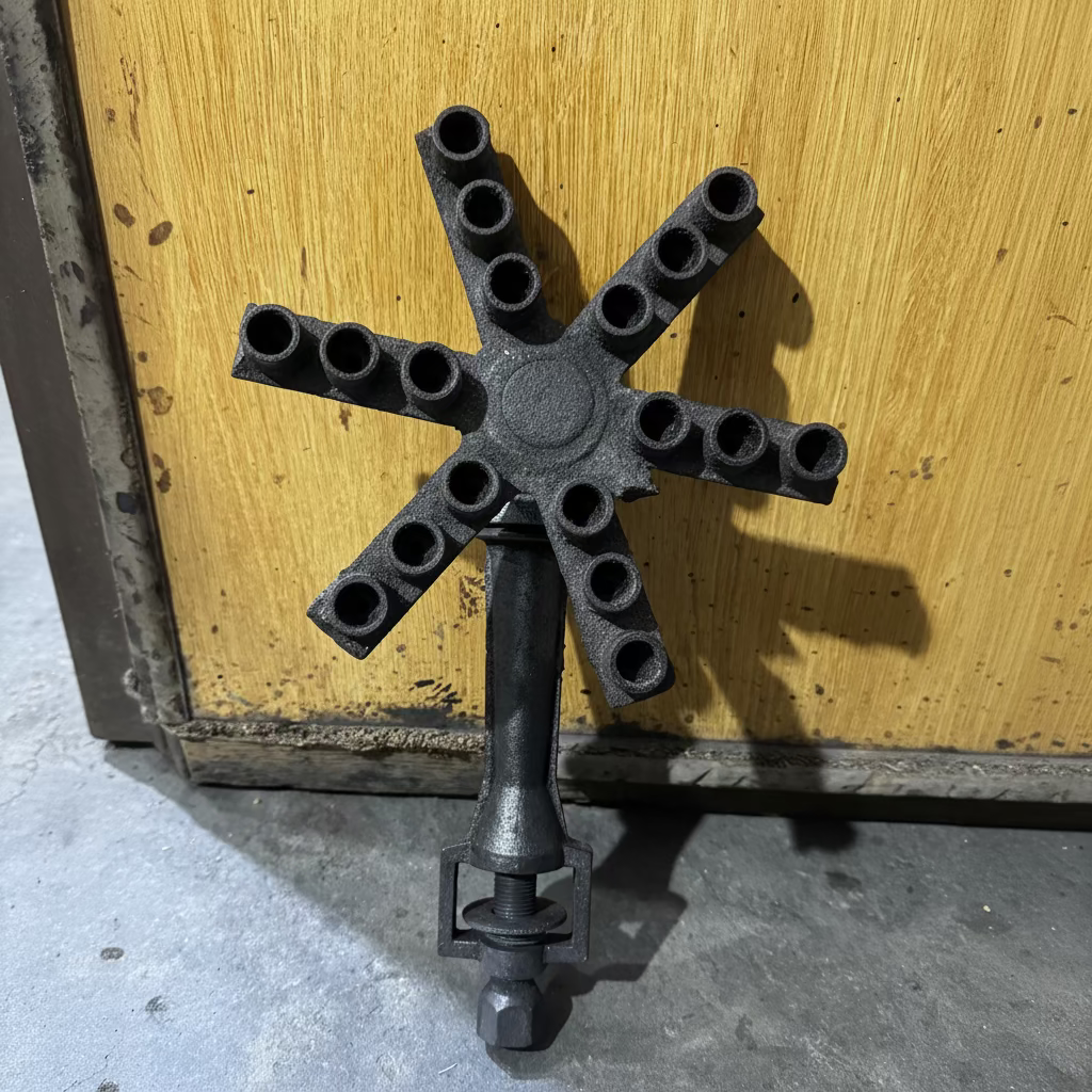 A dark cast iron six-arm candle holder or multi-light fixture with a central hub and six cylindrical sockets, shown against a yellow wooden door background.