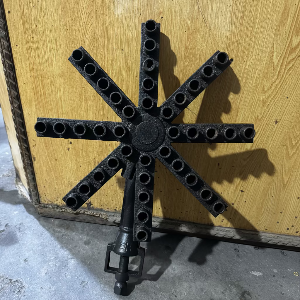 A vintage cast iron star-shaped hydrant stand or rack with multiple circular mounting holes, photographed against a wooden panel background.