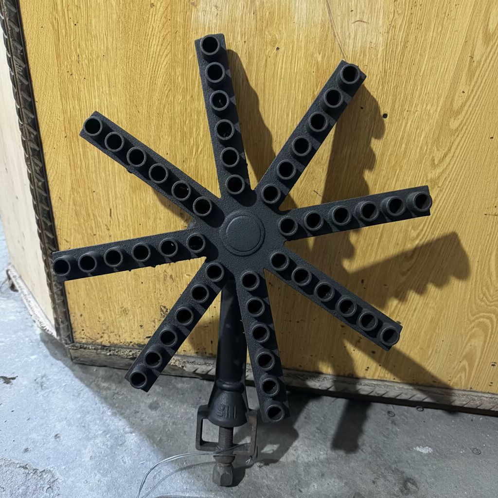 A vintage rusted metal sprinkler head with multiple nozzles, photographed leaning against a wooden wall on a concrete floor.