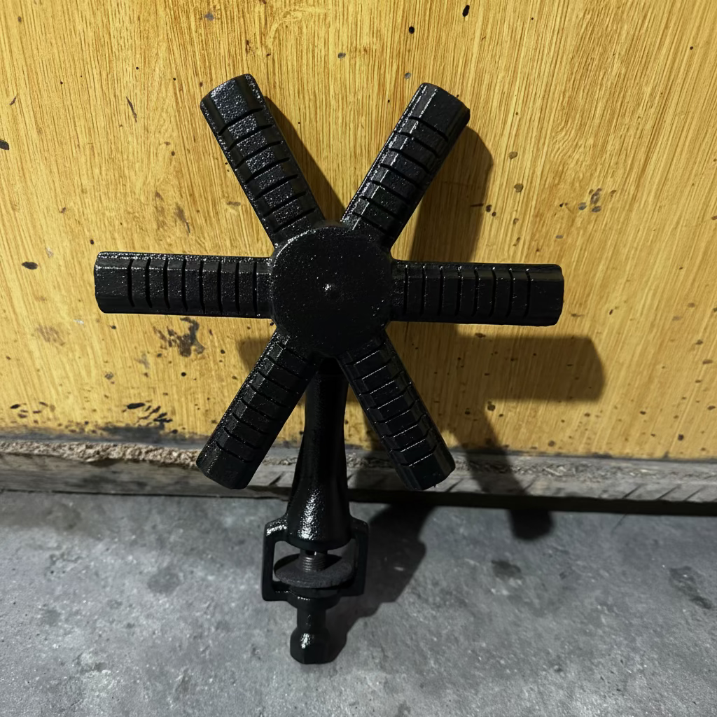 A vintage cast iron six-spoke wheel valve stem cap with ribbed spokes and a threaded stem, shown against a yellow wooden background.