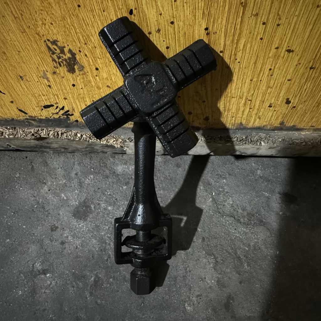 A heavy-duty cast iron cross handle with a textured grip and a long mounting stem, shown resting on a dark concrete floor against a yellow wooden wall.