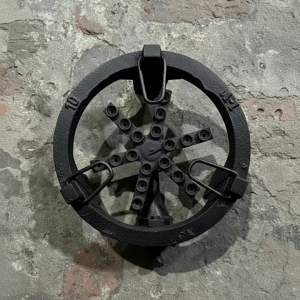A circular metal wheel-like mechanical part with multiple bolt holes and rusty metal loops, photographed from above on a rough concrete or stone surface.
