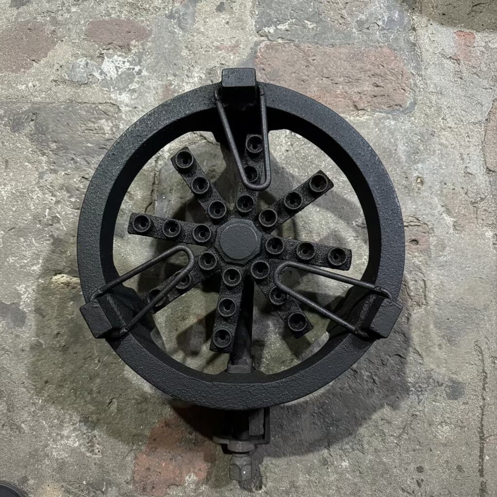 A circular cast iron burner grate or stove component with multiple circular openings and curved metal support arms, photographed from above on a rough stone floor.