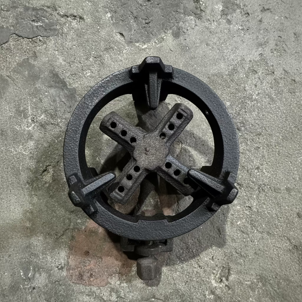 A cast iron three-spoke valve wheel with a rusted cross-shaped center, photographed from above on a textured concrete floor.