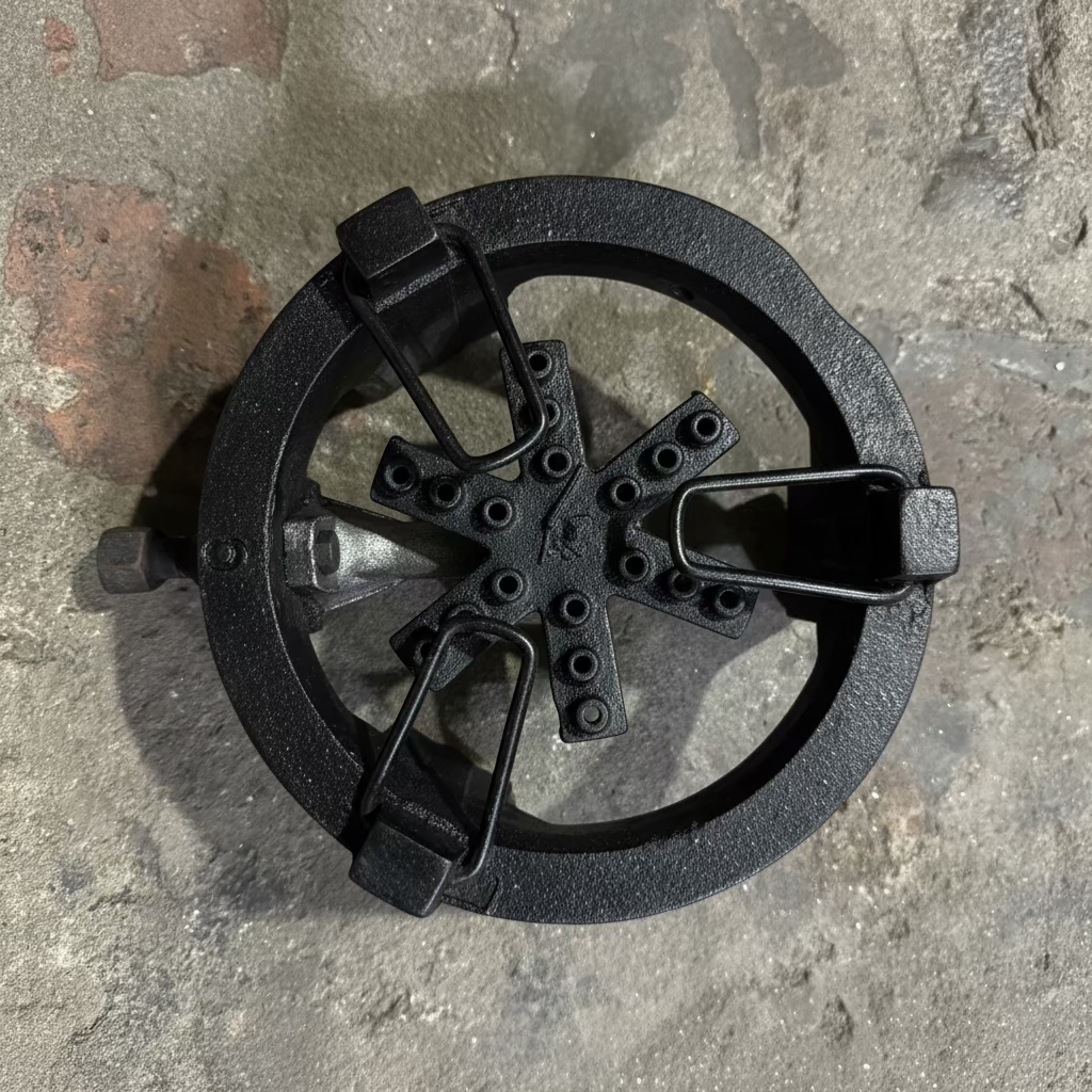 A used cast iron burner assembly or stove component with a circular ring, central support plate, and metal clips, resting on a concrete floor.