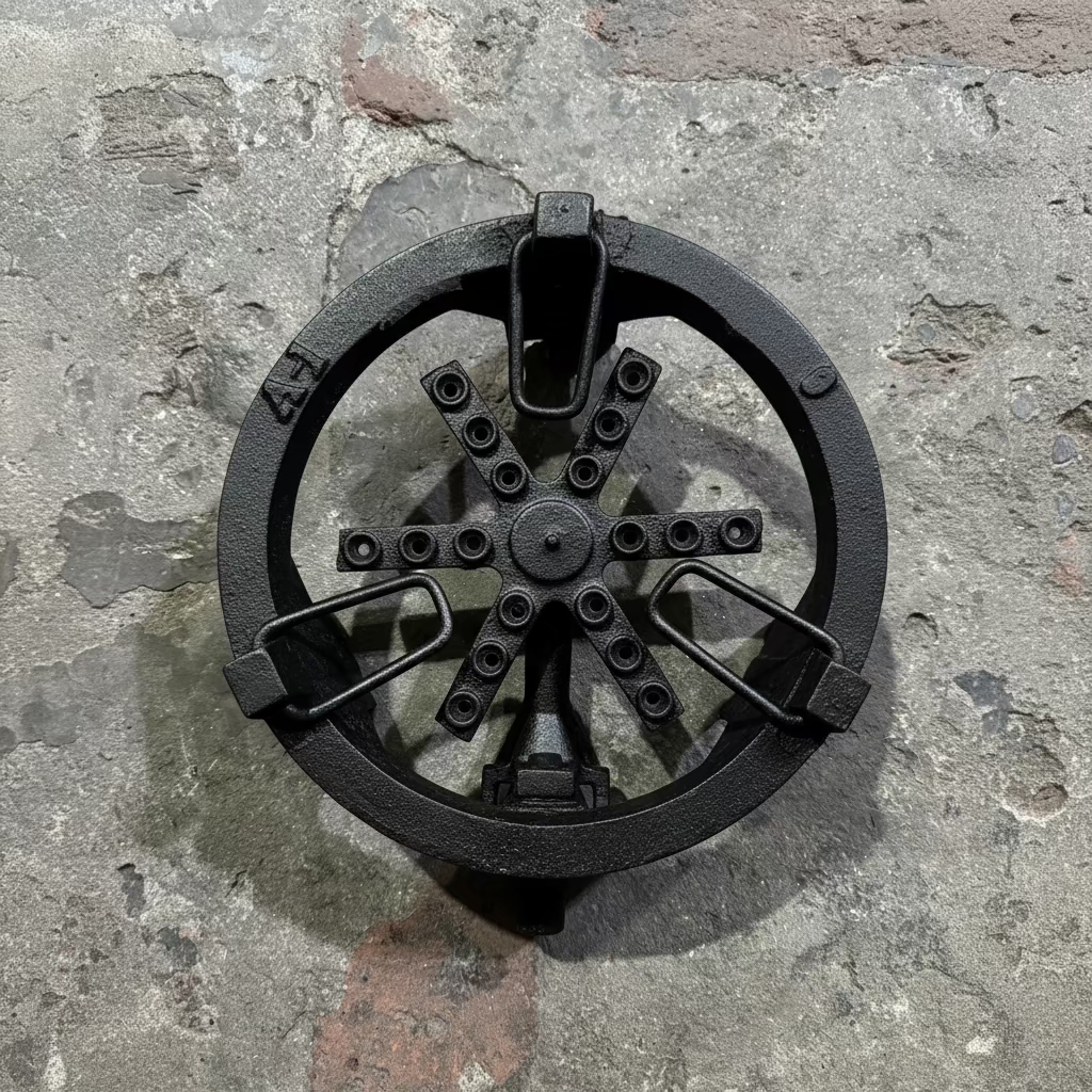 A vintage cast iron wheel or pulley assembly with rusted metal components, photographed against a textured stone or concrete surface.
