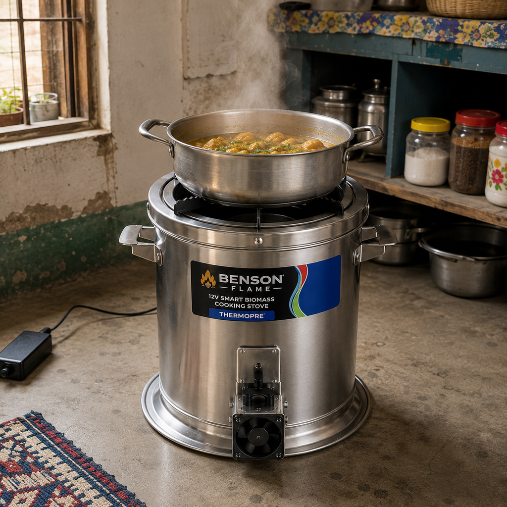 Benson Flame 12V Smart Biomass Cooking Stove Thermopore cooking food in a Pakistani home using biomass wood pellets