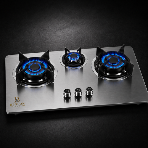 Benson Flame Crown Triple Burner built-in hob with black burners on a premium black studio background highlighting modern stainless steel kitchen appliance design.