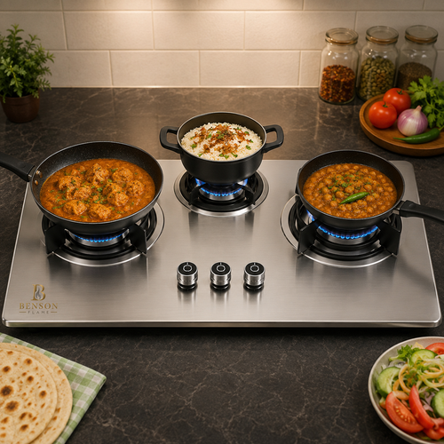 Benson Flame Crown Triple Burner built-in hob preparing traditional Pakistani dishes in a modern luxury kitchen with high-performance gas burners.