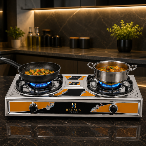 Benson Flame Classic Double Burner Gas Stove cooking Pakistani dishes in a modern luxury kitchen