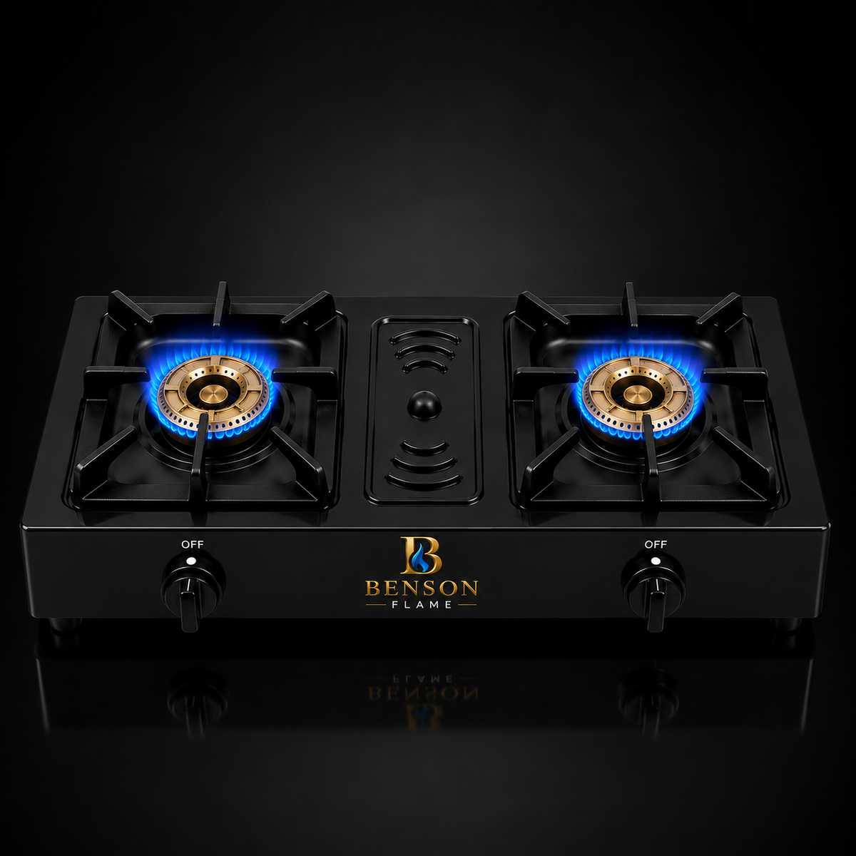 Benson Flame Dynasty Double Burner Gas Stove on a premium black studio background