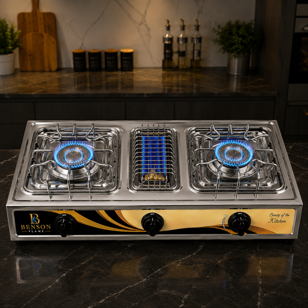 Benson Flame stainless steel 2 burner BBQ gas stove with realistic blue flames on both gas burners and the center BBQ grill in a premium modern kitchen.