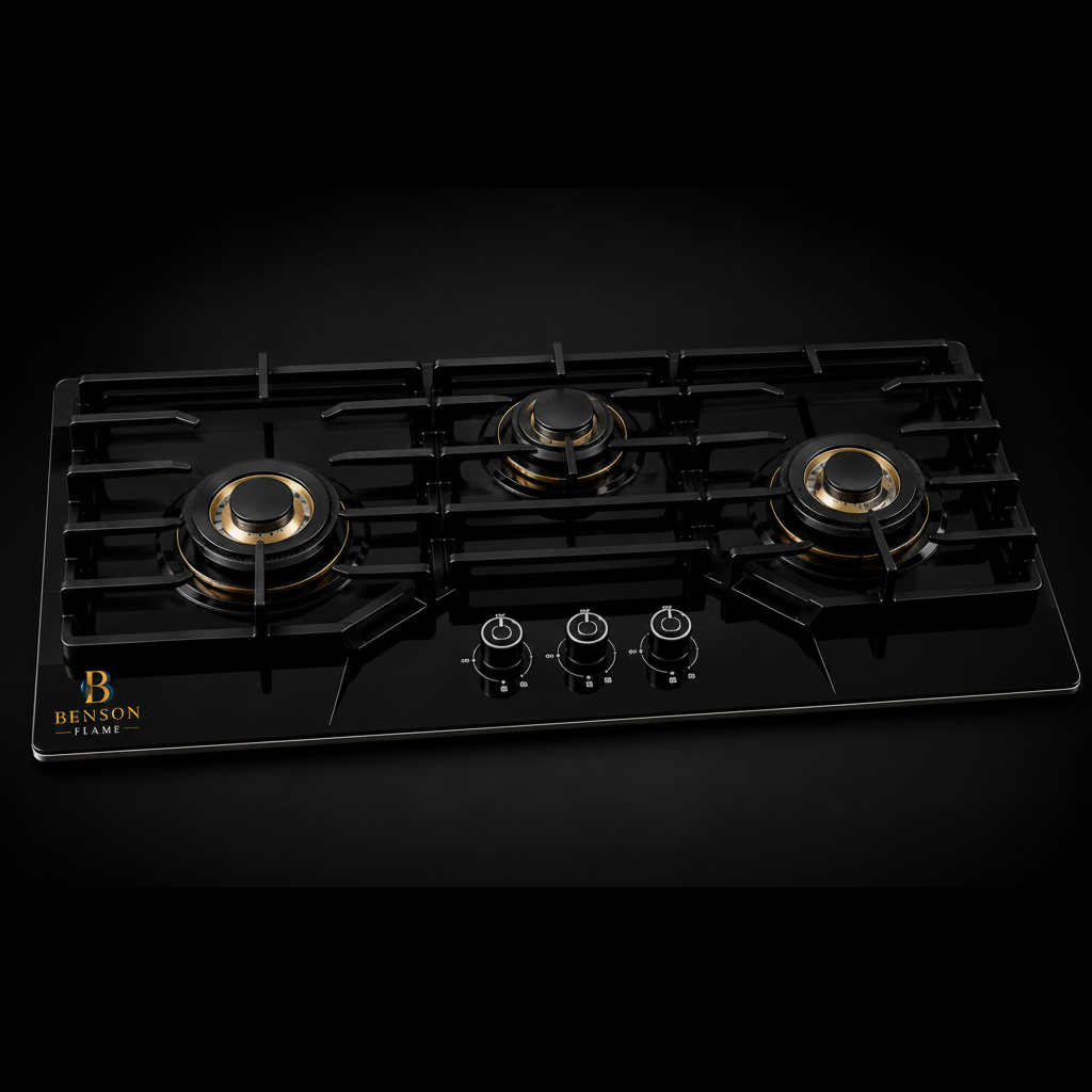 Benson Flame Supreme 3 Burner Built-in Hob displayed in a premium black studio with black tempered glass, three brass burners, cast iron pan supports, and burners switched off.