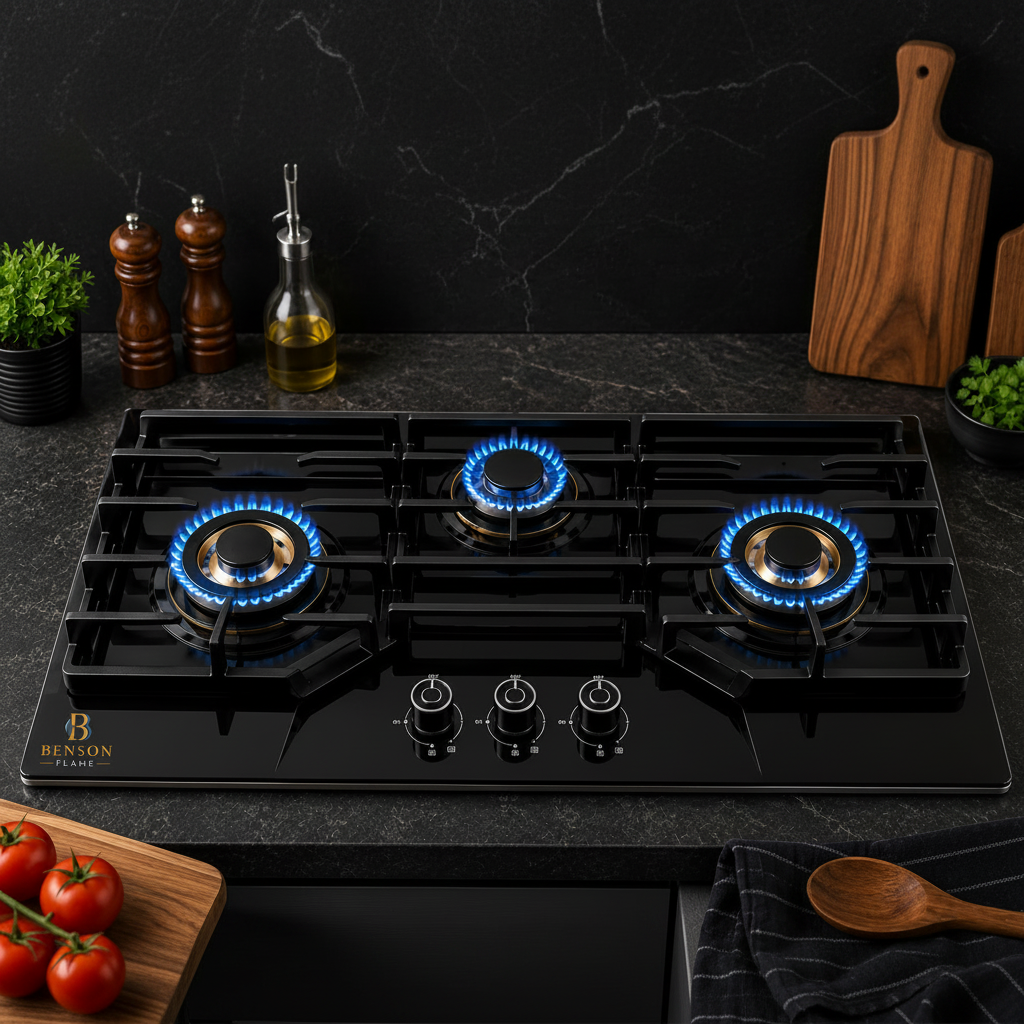 Benson Flame Supreme 3 Burner Built-in Hob featuring powerful blue flames on all three brass burners for fast, fuel-efficient cooking.