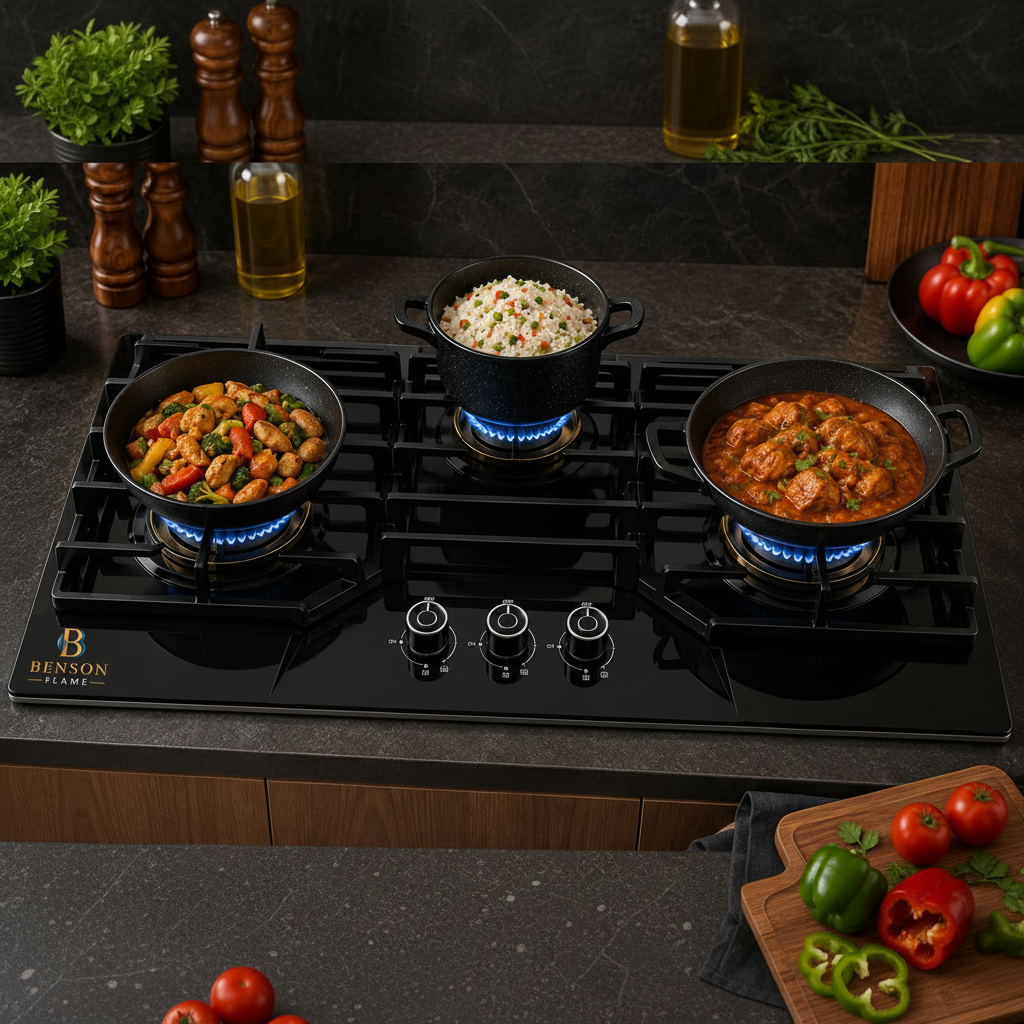 Benson Flame Supreme 3 Burner Built-in Hob preparing traditional Pakistani dishes with cookware placed on the burners in a premium modern kitchen.