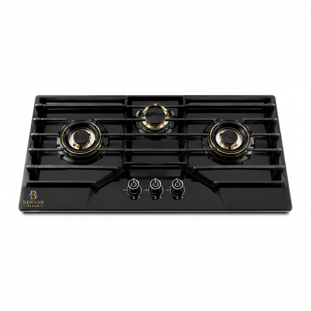 Benson Flame Supreme 3 Burner Built-in Hob with black tempered glass, three brass burners, cast iron pan supports, and white studio background.