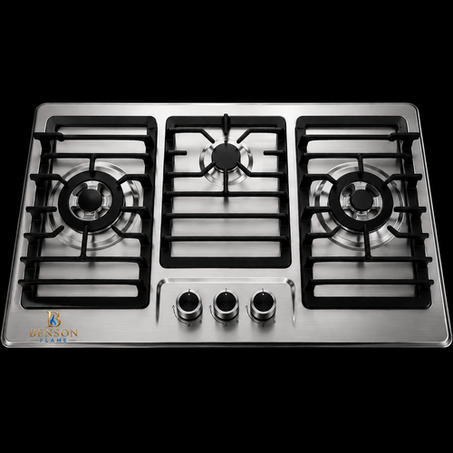 Celestia 3 Burner Built-in Hob by Benson Flame on premium black background
