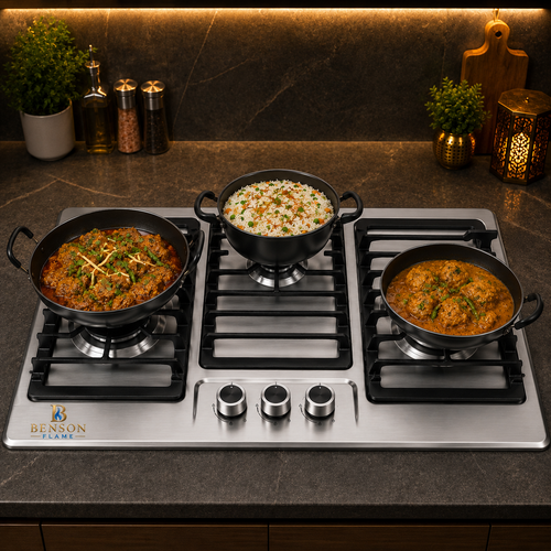 Celestia 3 Burner Built-in Hob used for cooking Pakistani dishes in a premium kitchen