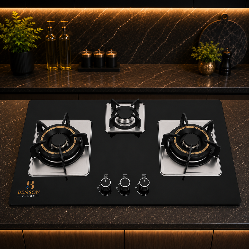 Benson Flame Elite 3 Burner Built-in Hob showcased in a luxury modern kitchen with black tempered glass, premium brass burners and elegant contemporary interior.