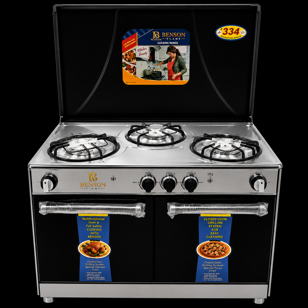 Regal 3 Burner Cooking Range with Benson Flame branding on a premium black studio background for product showcase.