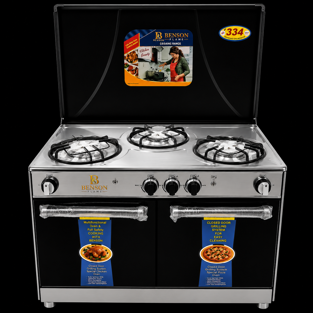 Regal 3 Burner Cooking Range with Benson Flame branding on a premium black studio background for product showcase.