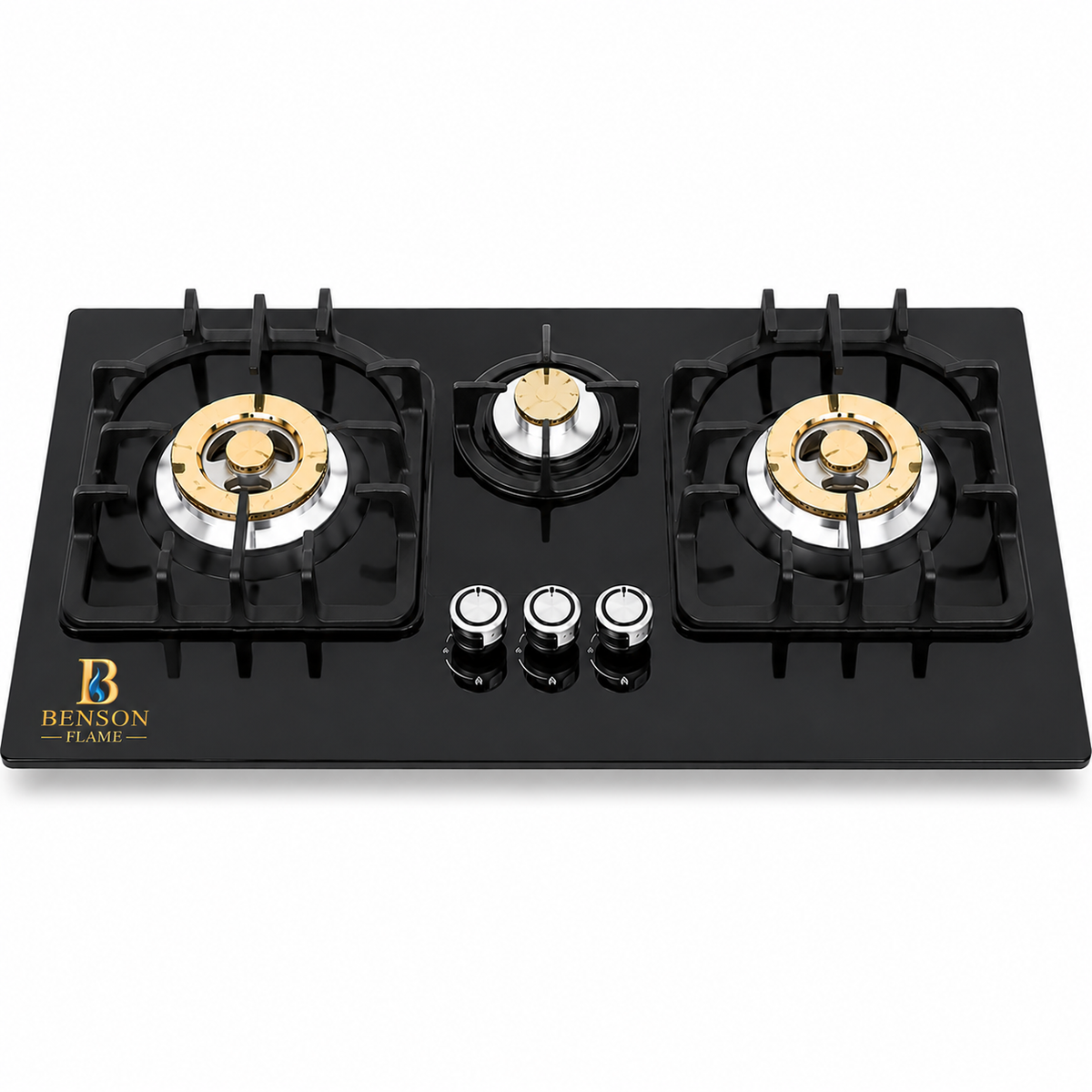 Benson Flame Signature 3 Burner Built-in Hob featuring black tempered glass, premium brass burners, automatic ignition and heavy-duty pan supports on a white background.