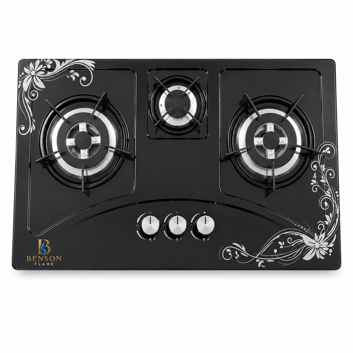 Benson Flame Titan 3 Burner Built-in Hob with black tempered glass, premium brass burners and three-burner gas cooktop design.